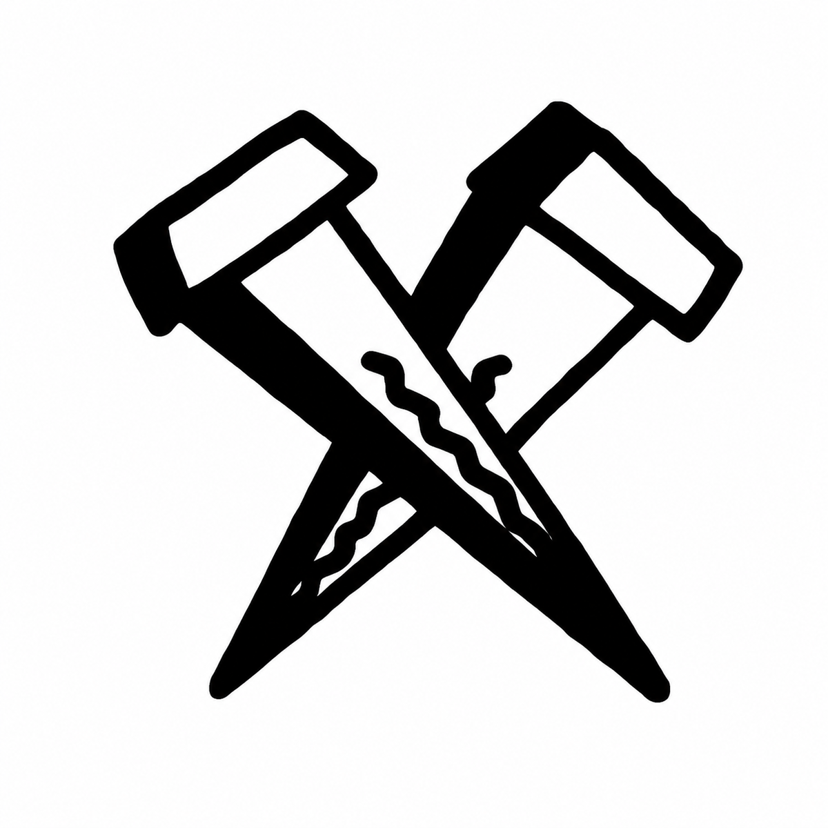 Two long nails with wide rectangular heads cross in an X, tapering to sharp points with short wavy accent marks nearby.