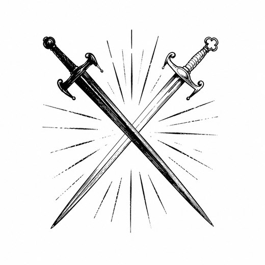 Two ornamental long swords with different hilts cross in an X, surrounded by radiating lines.