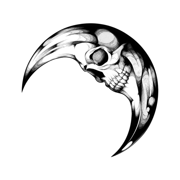 A toothed human skull nestles inside a pointed crescent moon, with the hollow eye socket and nasal opening clearly visible.