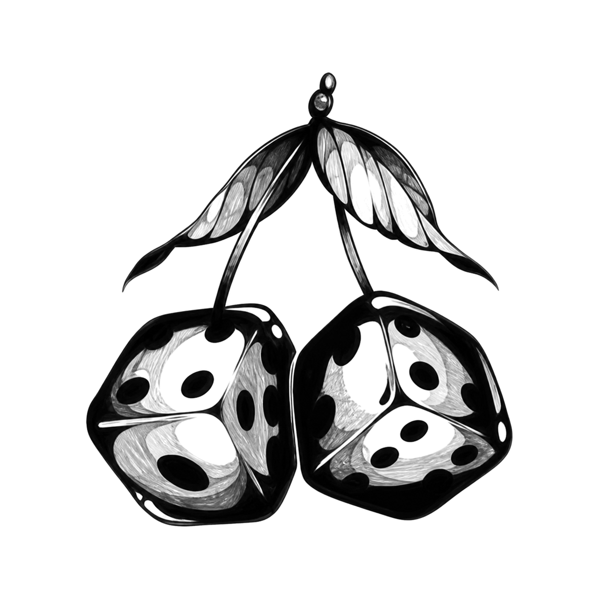 Two faceted dice hang like cherries from one leafy stem, with circular pips and mirrored polygonal forms.