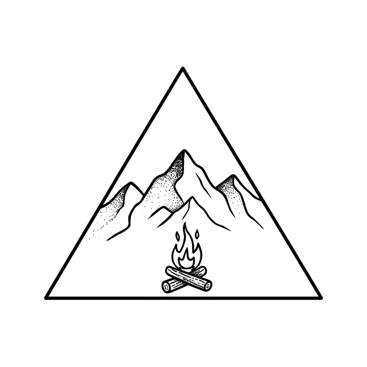 A small campfire burns beneath a mountain ridge inside an upright triangular frame with clean fine outlines.