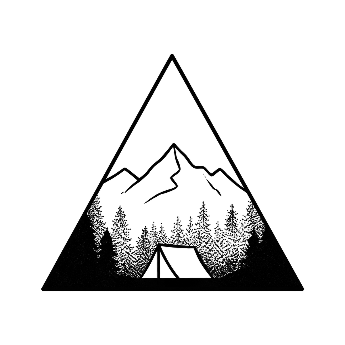 A pitched tent rests below mountains and dense evergreen trees inside an upright triangular wilderness frame.