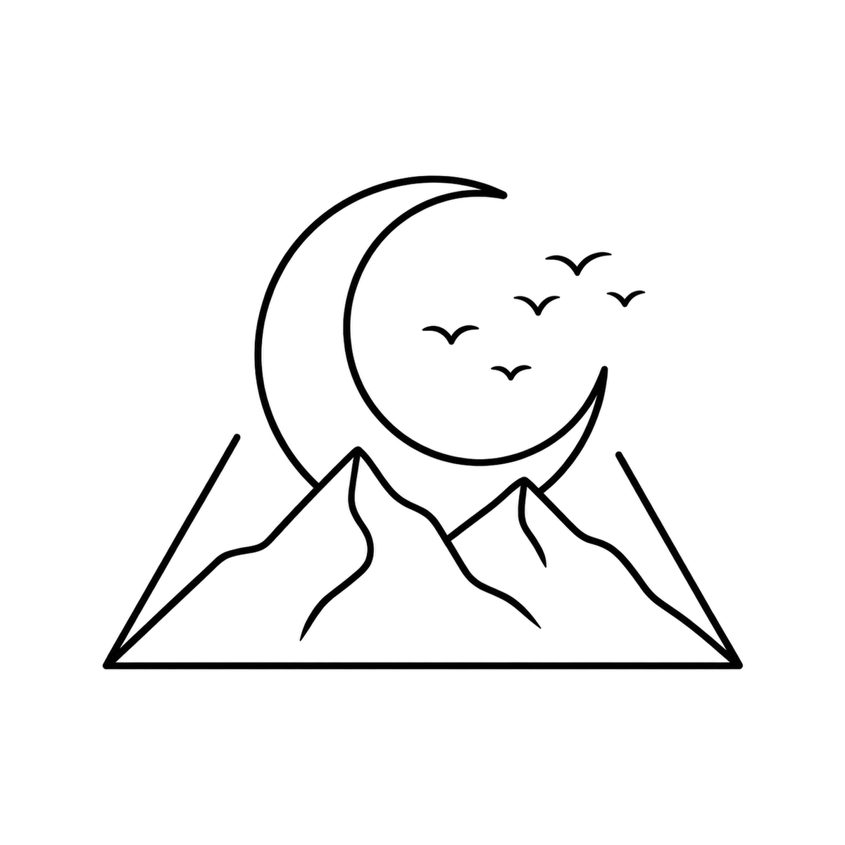 Five small birds cross above angular mountains beneath a crescent moon in a broad triangular landscape.