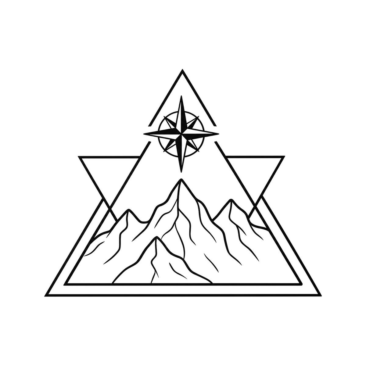 A mountain range sits in overlapping triangle outlines beneath a centered eight-point star medallion.