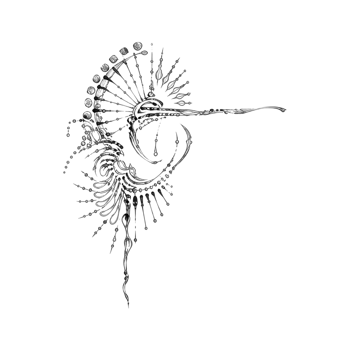 The image shows abstract long-beaked organic glyph in a horizontal arrangement, with fine line and contour line clearly defining the visible design.