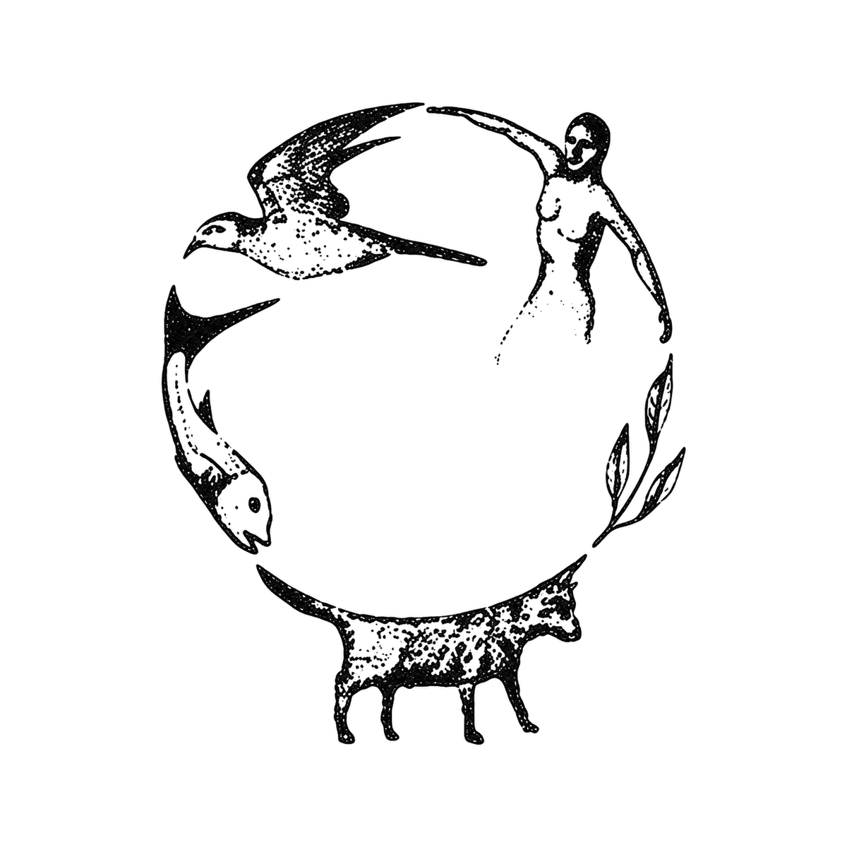 The image shows human-animal cycle ring in a circular arrangement, with bird clearly defining the visible design.