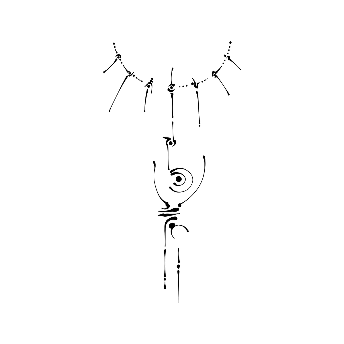 The image shows hanging spiral-eye totem in a vertical arrangement, with eye and spiral clearly defining the visible design.