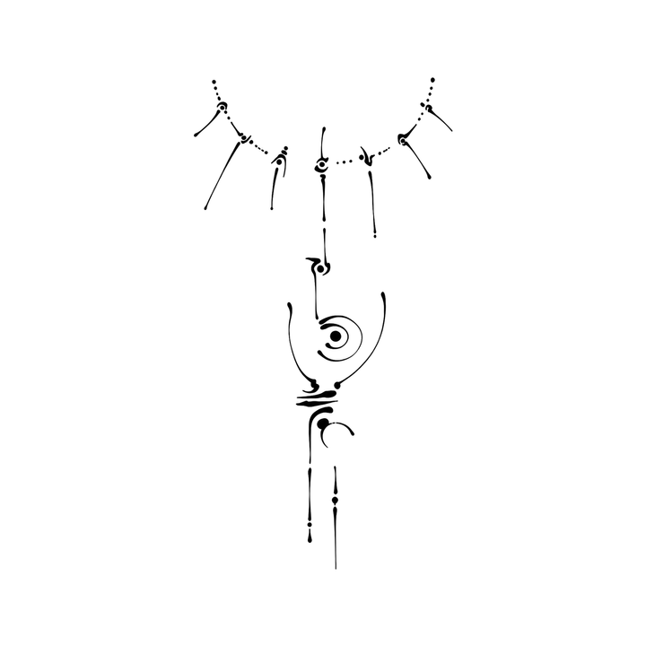 The image shows hanging spiral-eye totem in a vertical arrangement, with eye and spiral clearly defining the visible design.