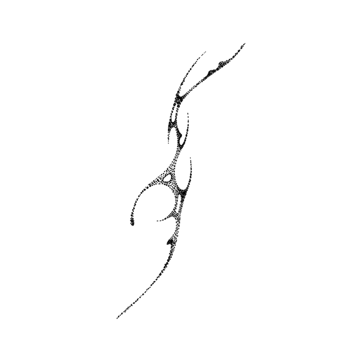 The image shows abstract stippled s-curve glyph in a vertical arrangement, with fine line and broken line clearly defining the visible design.