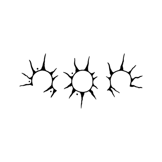 The image shows three hollow inkburst circles in a horizontal arrangement, with bold line and contour line clearly defining the visible design.