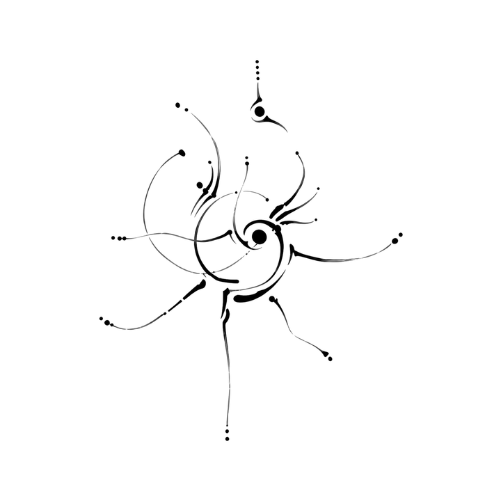 The image shows orbital calligraphic spiral in a symmetrical arrangement, with spiral and orbital diagram clearly defining the visible design.
