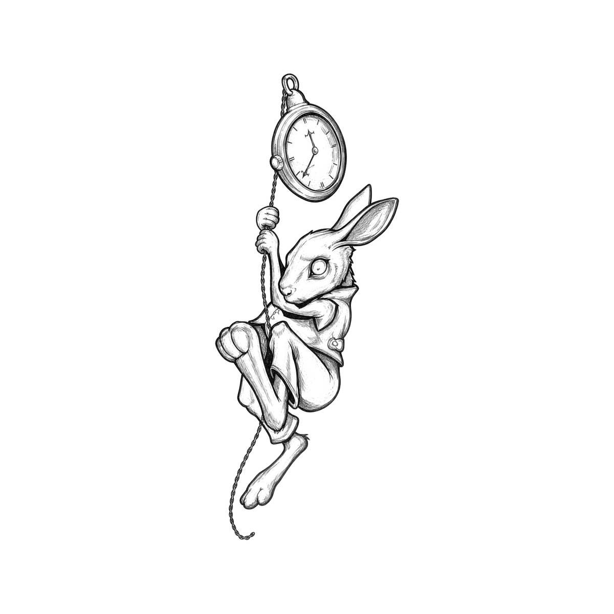 The image shows white rabbit with pocket watch in a vertical arrangement, with rabbit and pocket watch clearly defining the visible design.