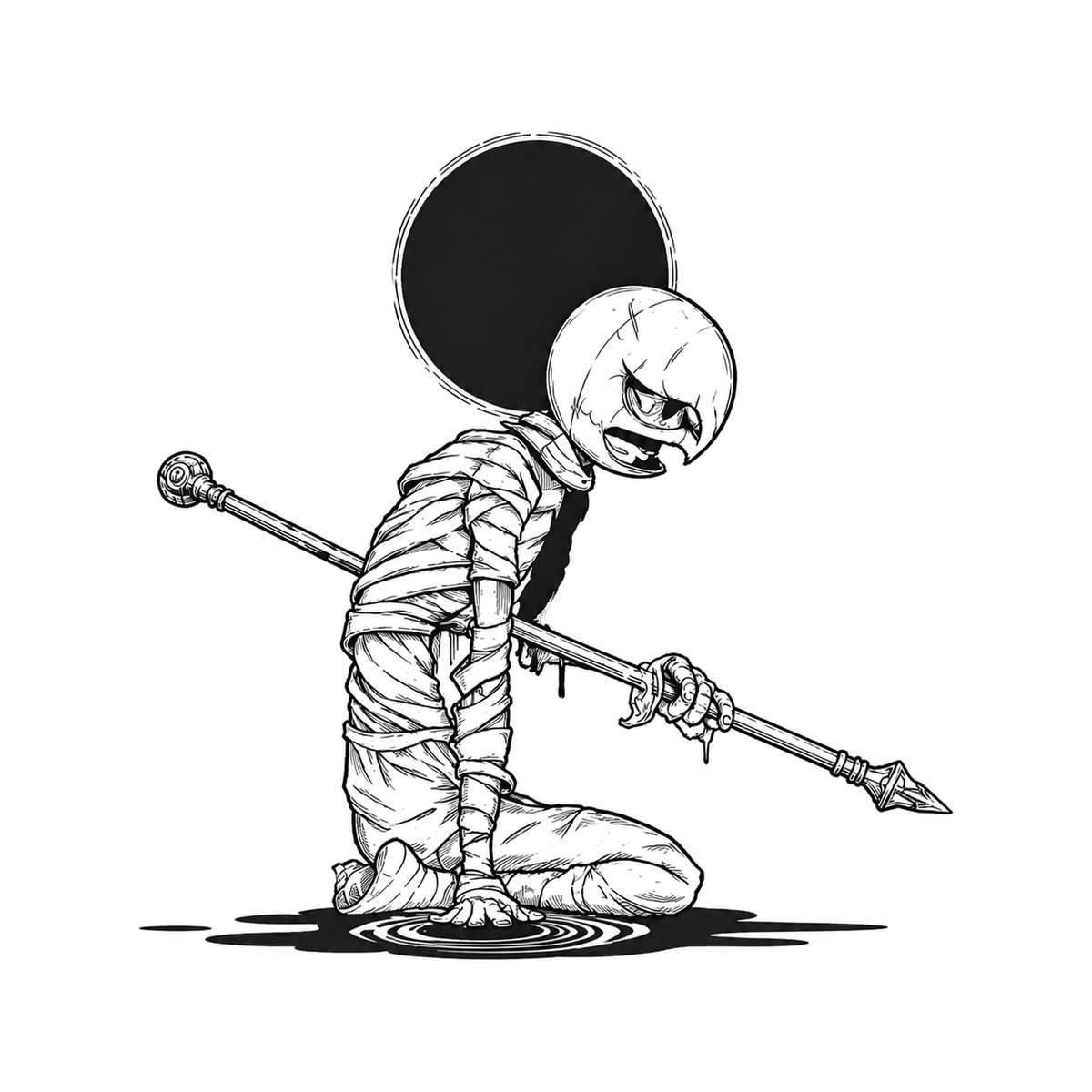 The image shows kneeling mummy under eclipse in a circular arrangement, with moon clearly defining the visible design.