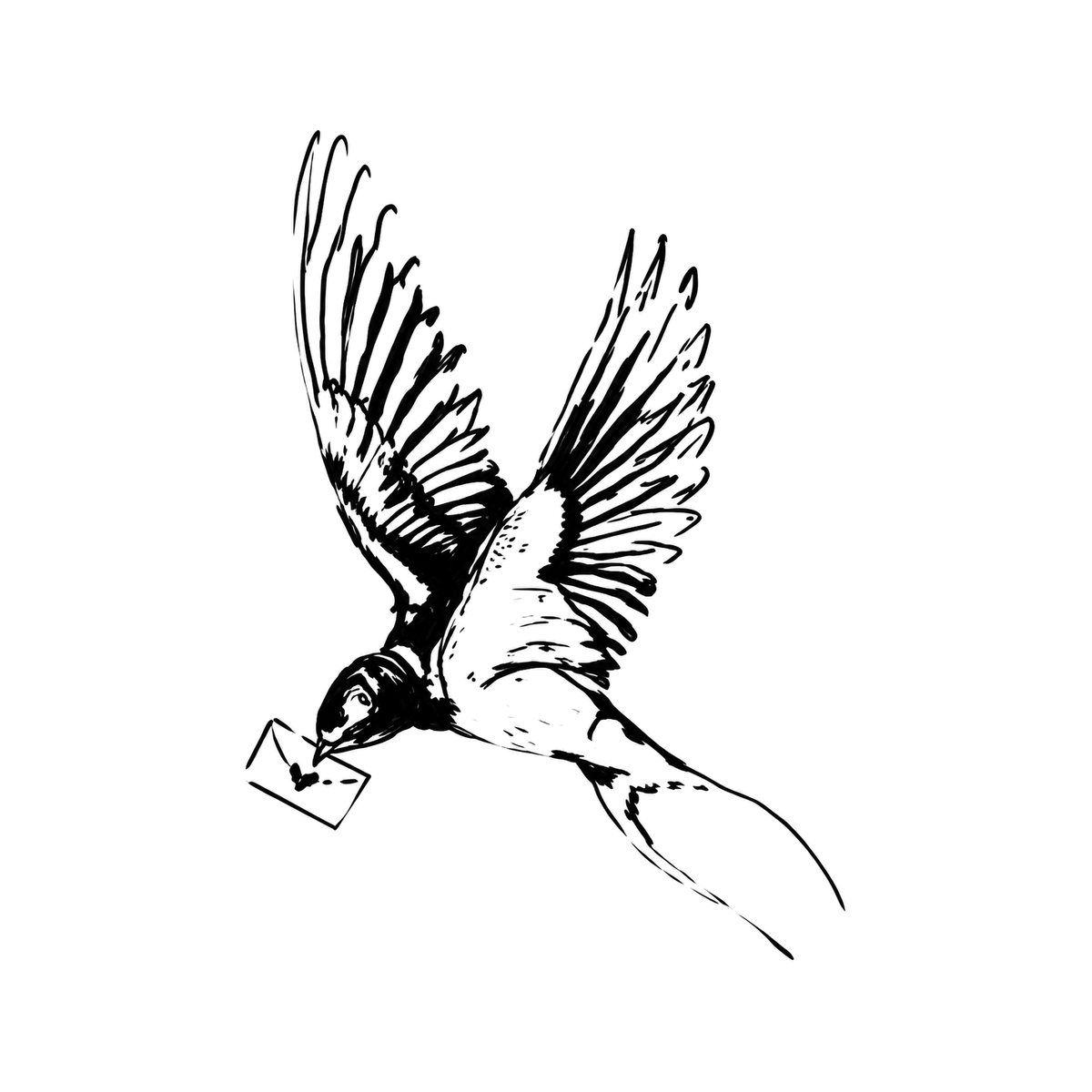 The image shows bird carrying envelope in a diagonal arrangement, with bird and wings clearly defining the visible design.