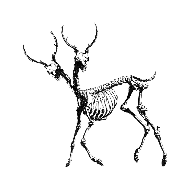 The image shows twin-headed deer skeleton in a horizontal arrangement, with deer and skeleton clearly defining the visible design.