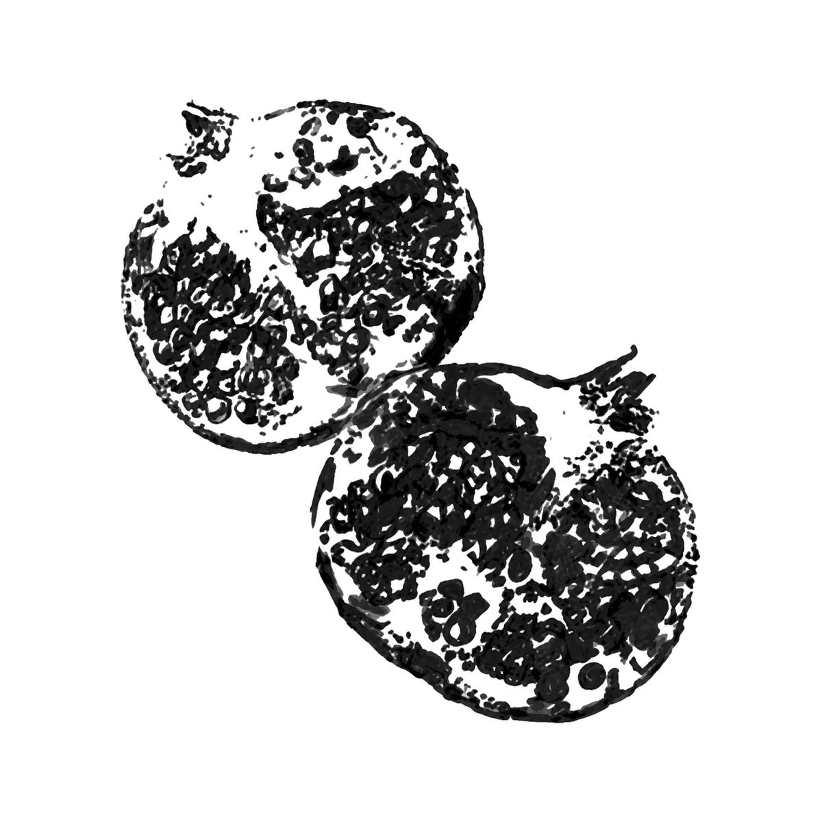 The image shows split pomegranates in a diagonal arrangement, with contour line clearly defining the visible design.