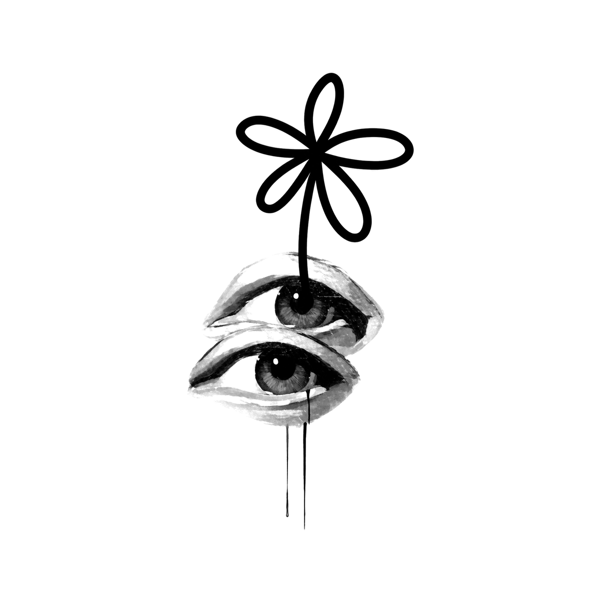 The image shows stacked eyes flower totem in a vertical arrangement, with eye and flower clearly defining the visible design.