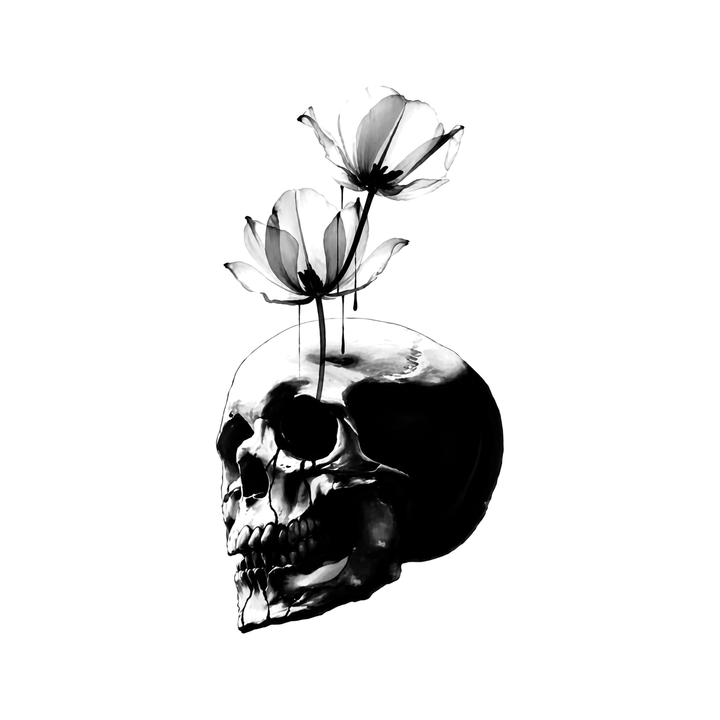 The image shows flowers growing from skull in a vertical arrangement, with skull and flower clearly defining the visible design.