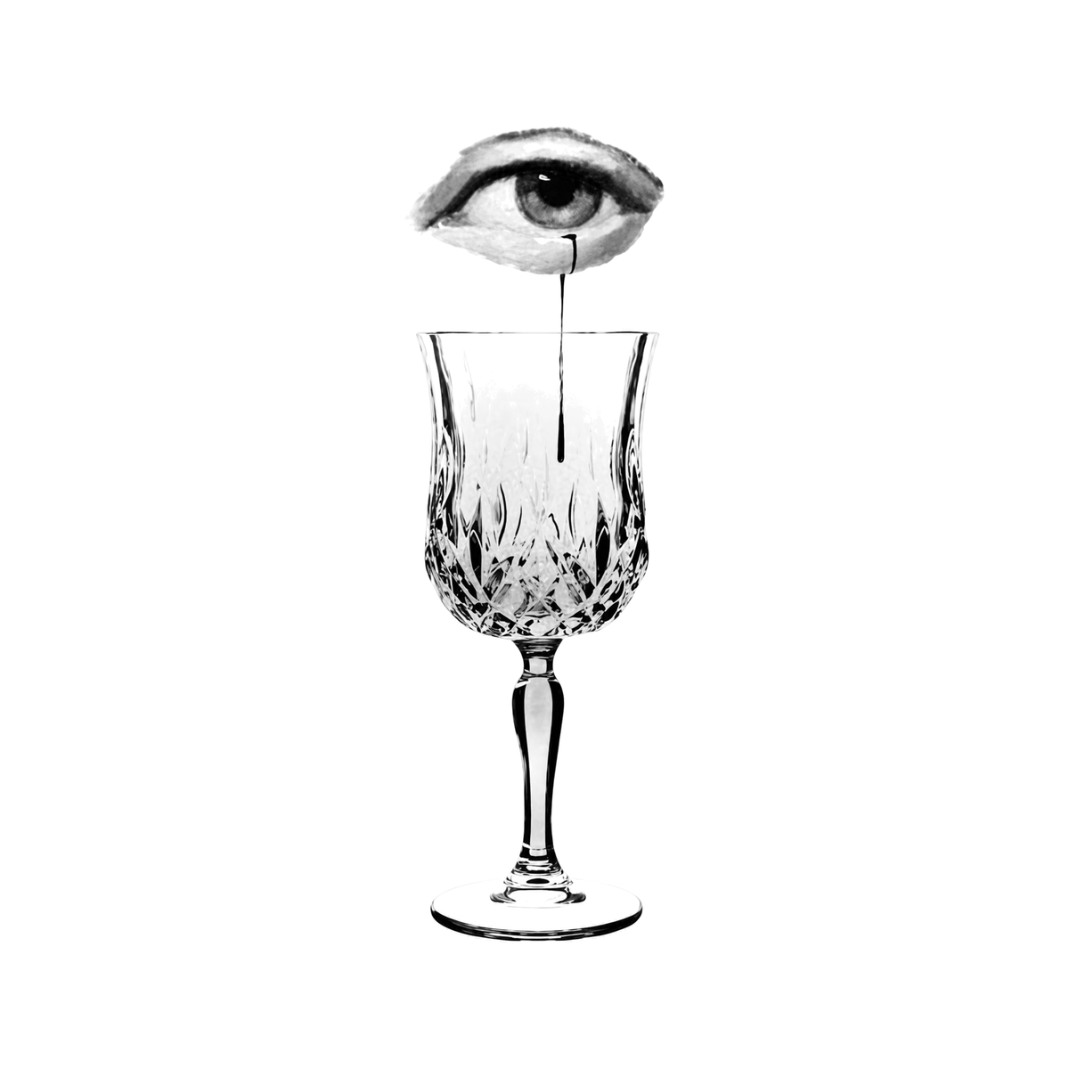 The image shows eye dripping into crystal goblet in a vertical arrangement, with eye clearly defining the visible design.