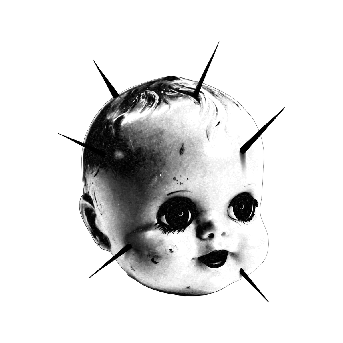 The image shows pierced vintage doll head in a radial arrangement, with bold line and realistic shading clearly defining the visible design.