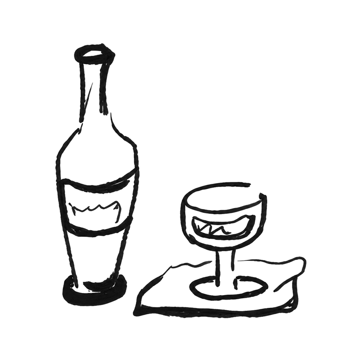 The image shows bottle and stemmed glass still life in a horizontal arrangement, with bottle and drink clearly defining the visible design.