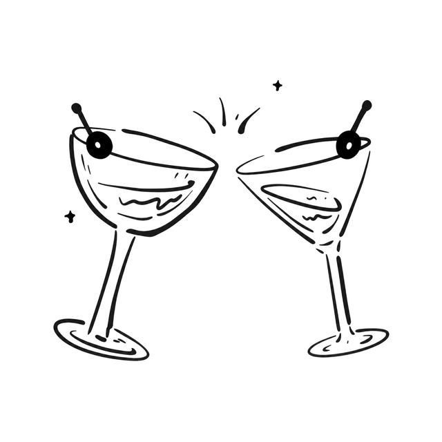The image shows olive cocktail toast in a mirrored arrangement, with clinking wine glasses and cocktail clearly defining the visible design.