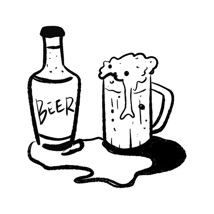 The image shows beer bottle and frothy mug in a horizontal arrangement, with bottle and drink clearly defining the visible design.