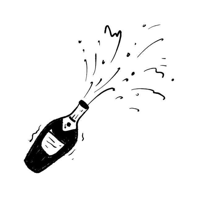 The image shows popping champagne bottle in a diagonal arrangement, with bottle and drink clearly defining the visible design.
