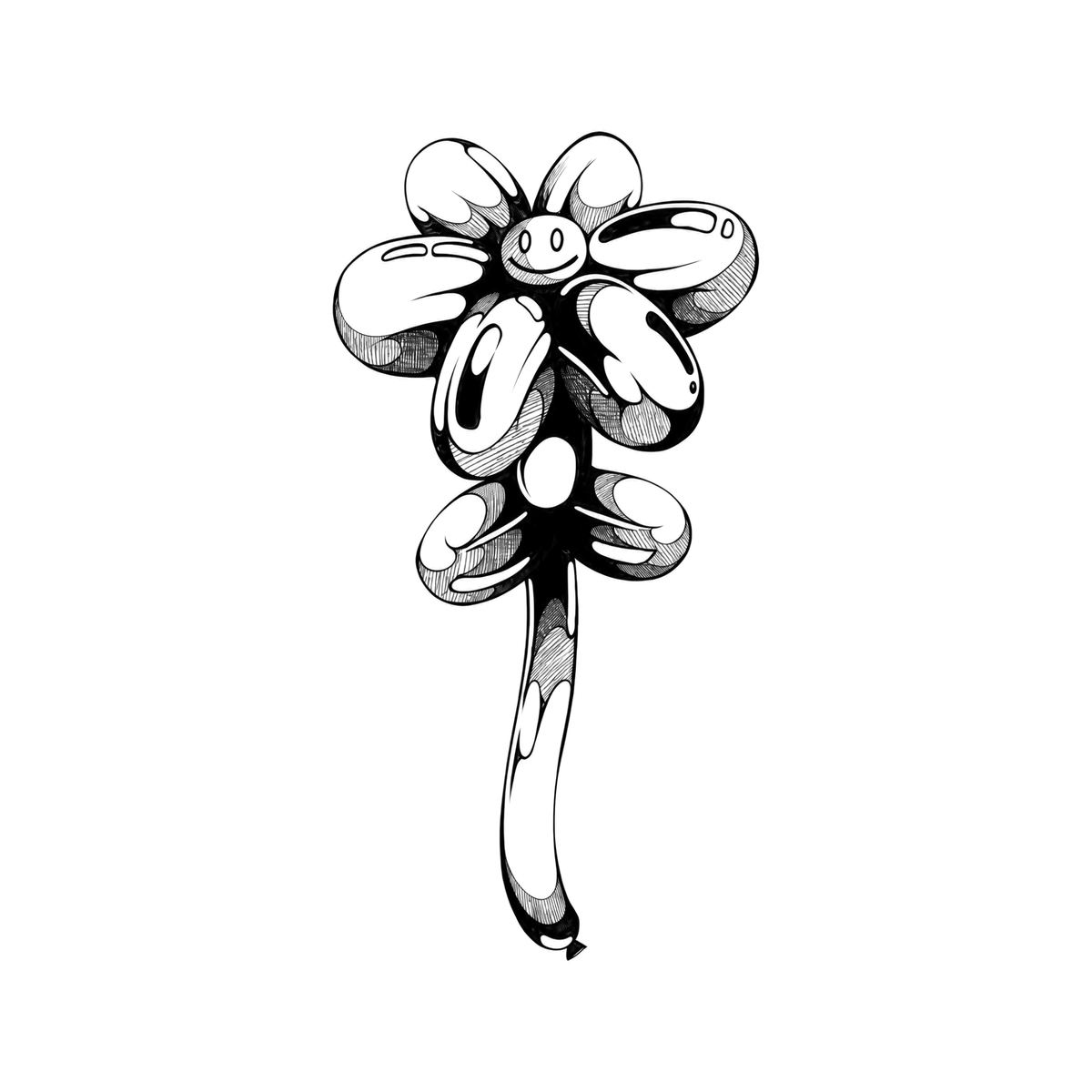A vertical smiley flower toy stacks glossy inflated lobes around a small face, with bright highlights and dark shaded undersides.