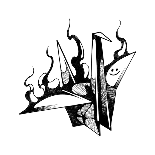 A folded paper airplane points left through rising stylized flames, with a tall center fin and a smiley face on the right wing.