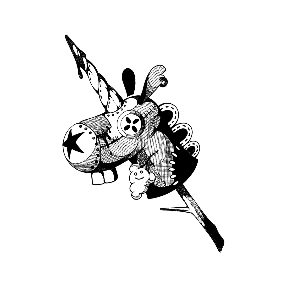 The image shows pierced patchwork equine toy in a diagonal arrangement, with star clearly defining the visible design.