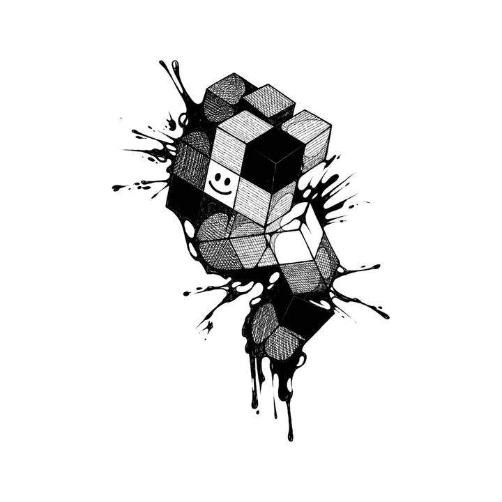 The image shows smiley cube inkburst in a diagonal arrangement, with shaded geometric cube clearly defining the visible design.