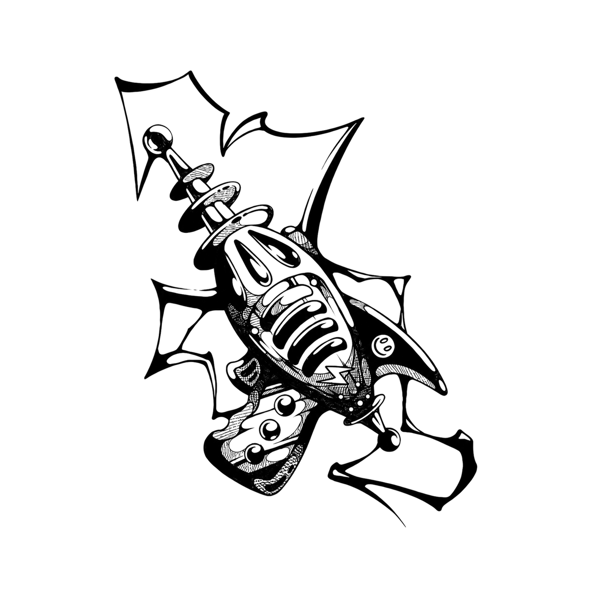 The image shows gun in a diagonal arrangement, with wings clearly defining the visible design.