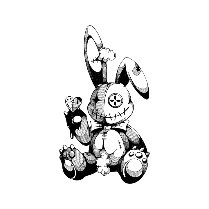 The image shows damaged patchwork rabbit plush in a vertical arrangement, with rabbit clearly defining the visible design.
