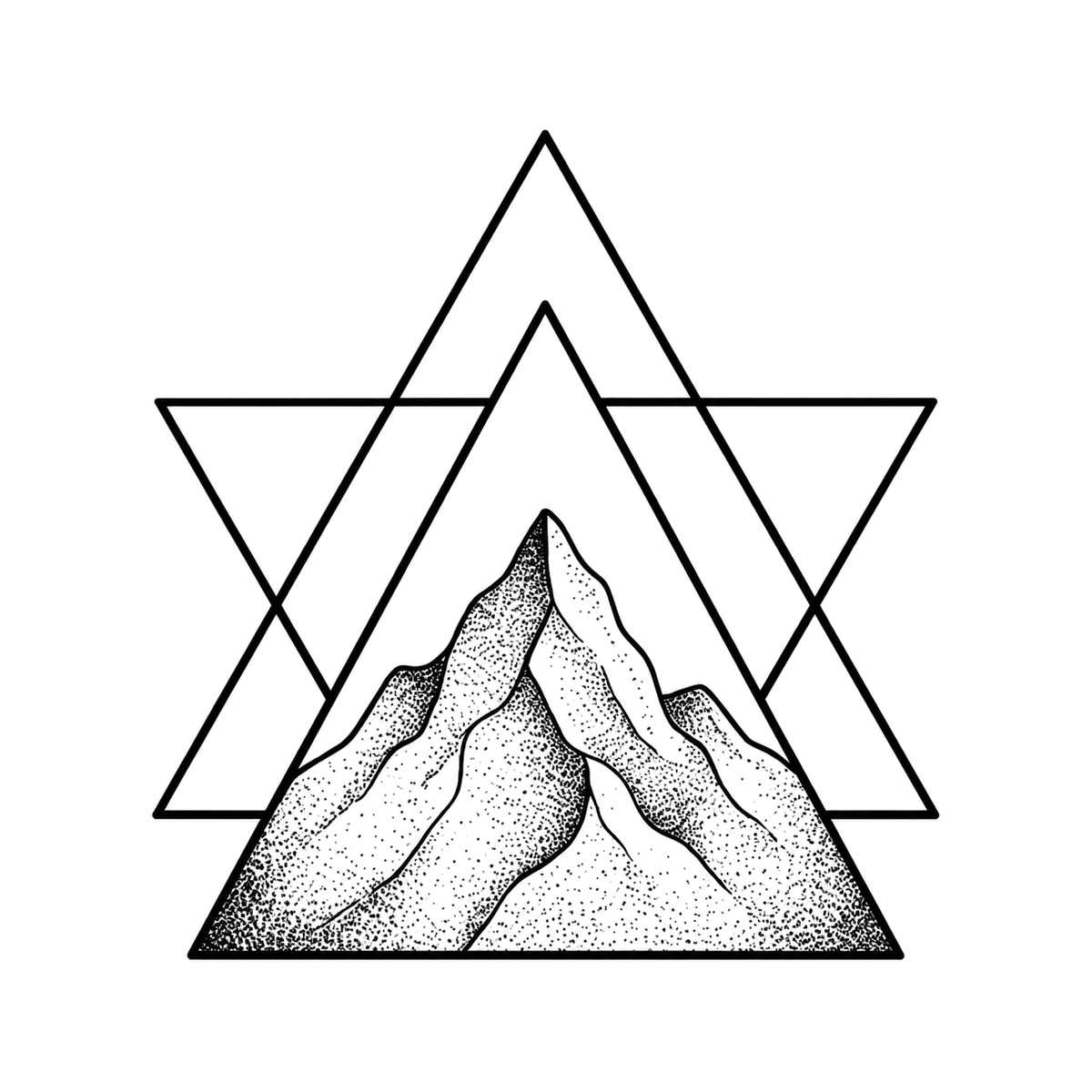 A stippled mountain rises in a front triangle while two larger interlocking triangle outlines cross behind it.