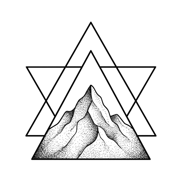 A stippled mountain rises in a front triangle while two larger interlocking triangle outlines cross behind it.