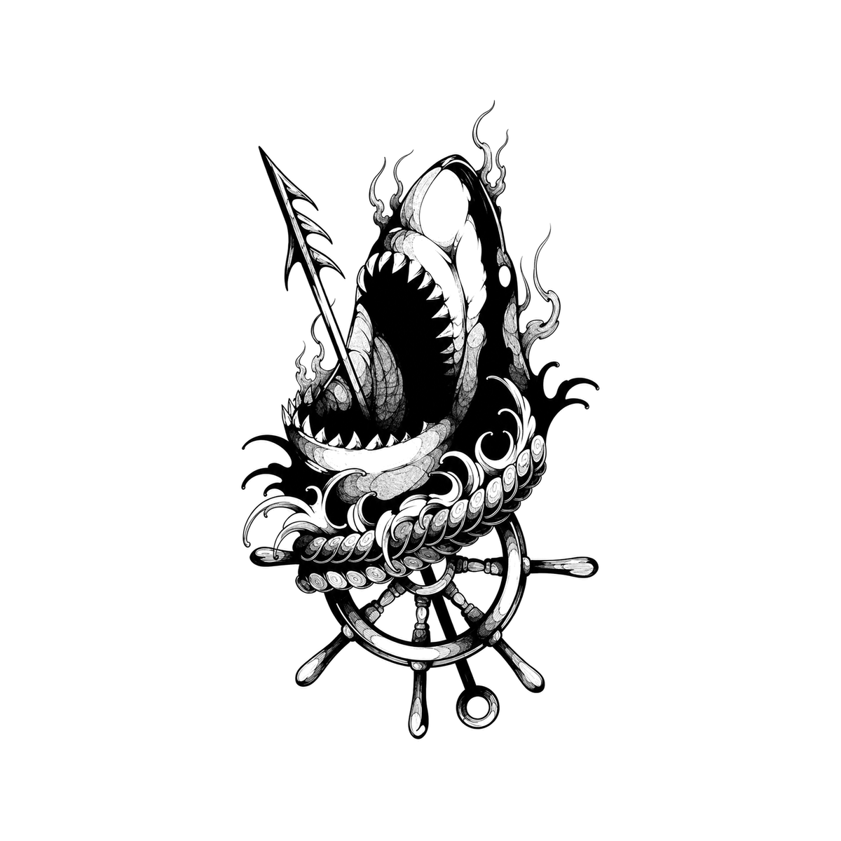 A fanged sea monster coils around a barbed harpoon above a ship wheel, framed by a tentacle and flames.