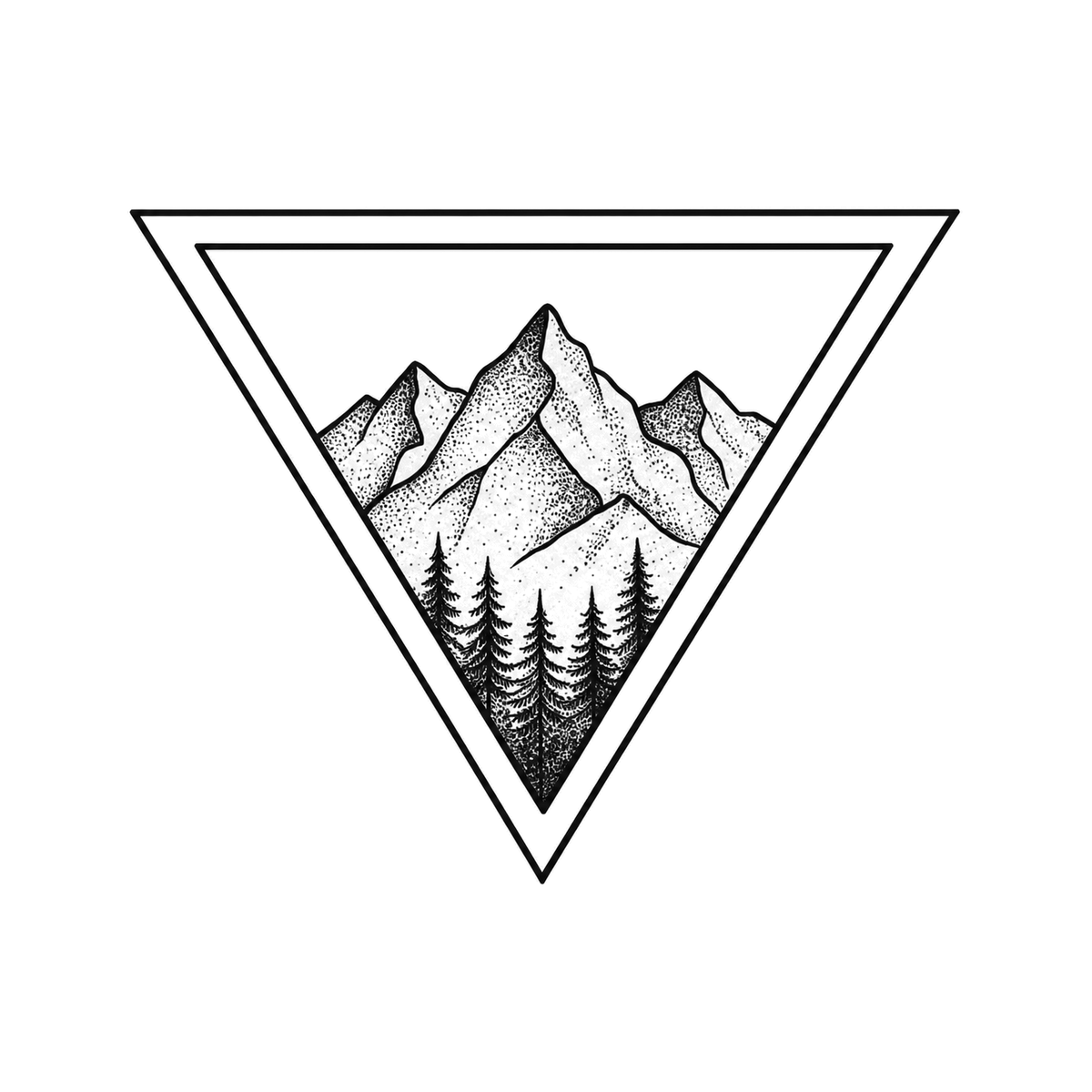 Layered mountain peaks and a dense evergreen forest fill a double-bordered triangle pointing downward.