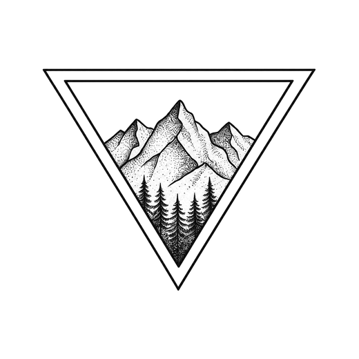 Layered mountain peaks and a dense evergreen forest fill a double-bordered triangle pointing downward.