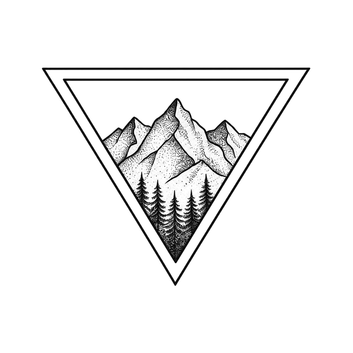 Layered mountain peaks and a dense evergreen forest fill a double-bordered triangle pointing downward.
