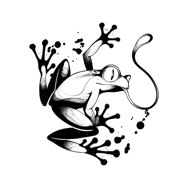A crouching frog stretches a long curling tongue to the right amid sweeping curves and scattered ink droplets.