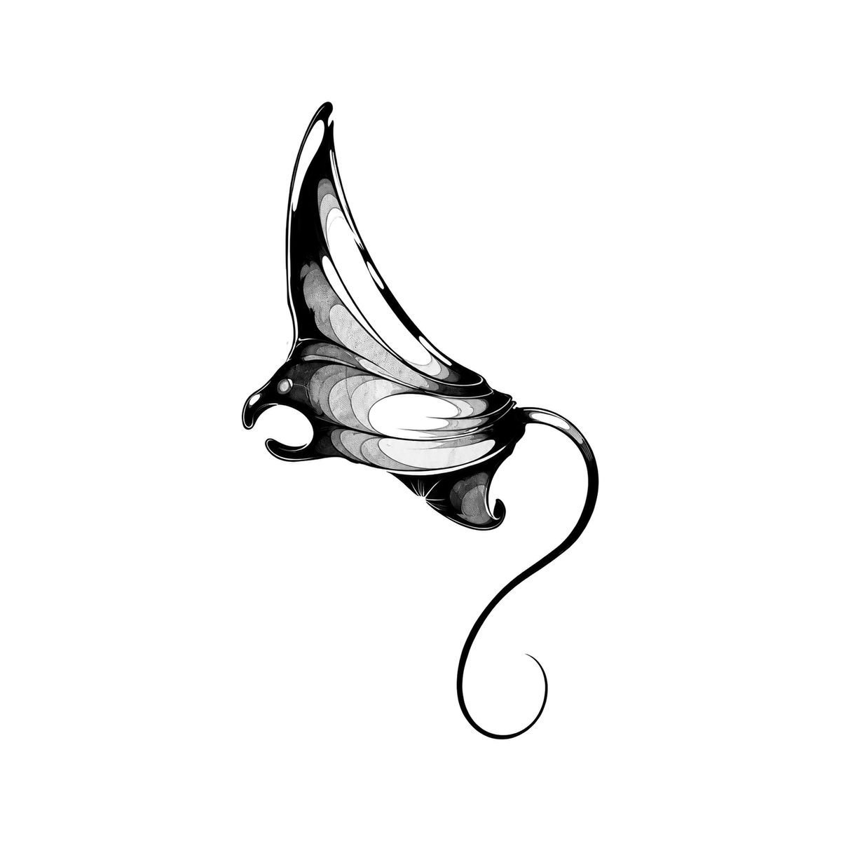 A single manta ray glides diagonally with broad wings, a rolled front lobe, layered markings, and a long whip-like tail.