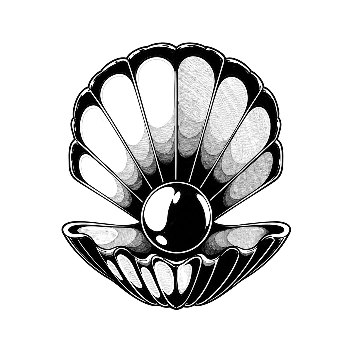 An open scallop shell holds one round pearl between symmetrical fan-ribbed upper and lower halves.