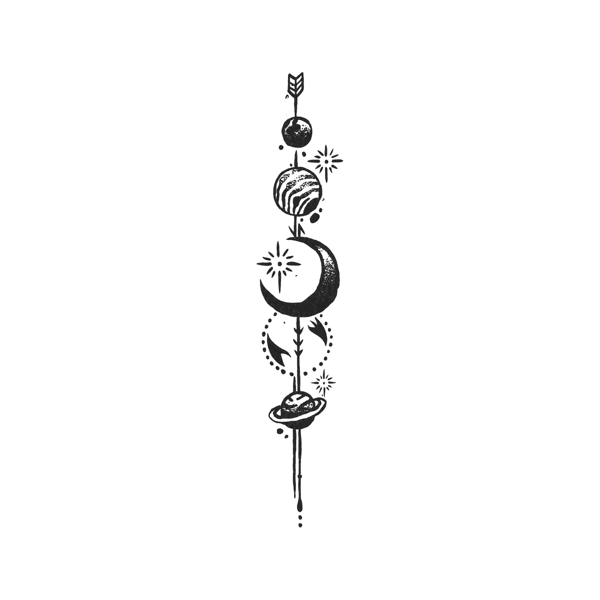 A vertical arrow passes through planets, a large crescent moon, and a ringed planet with small starbursts beside the stack.