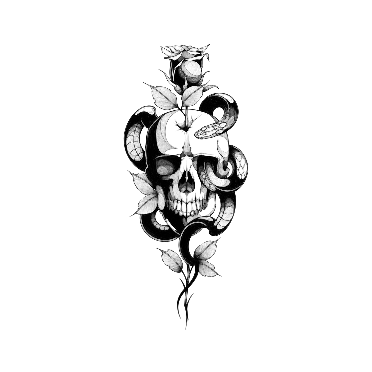 A coiled snake winds around a human skull topped by a rose, with leaves and a small flower bud extending vertically.