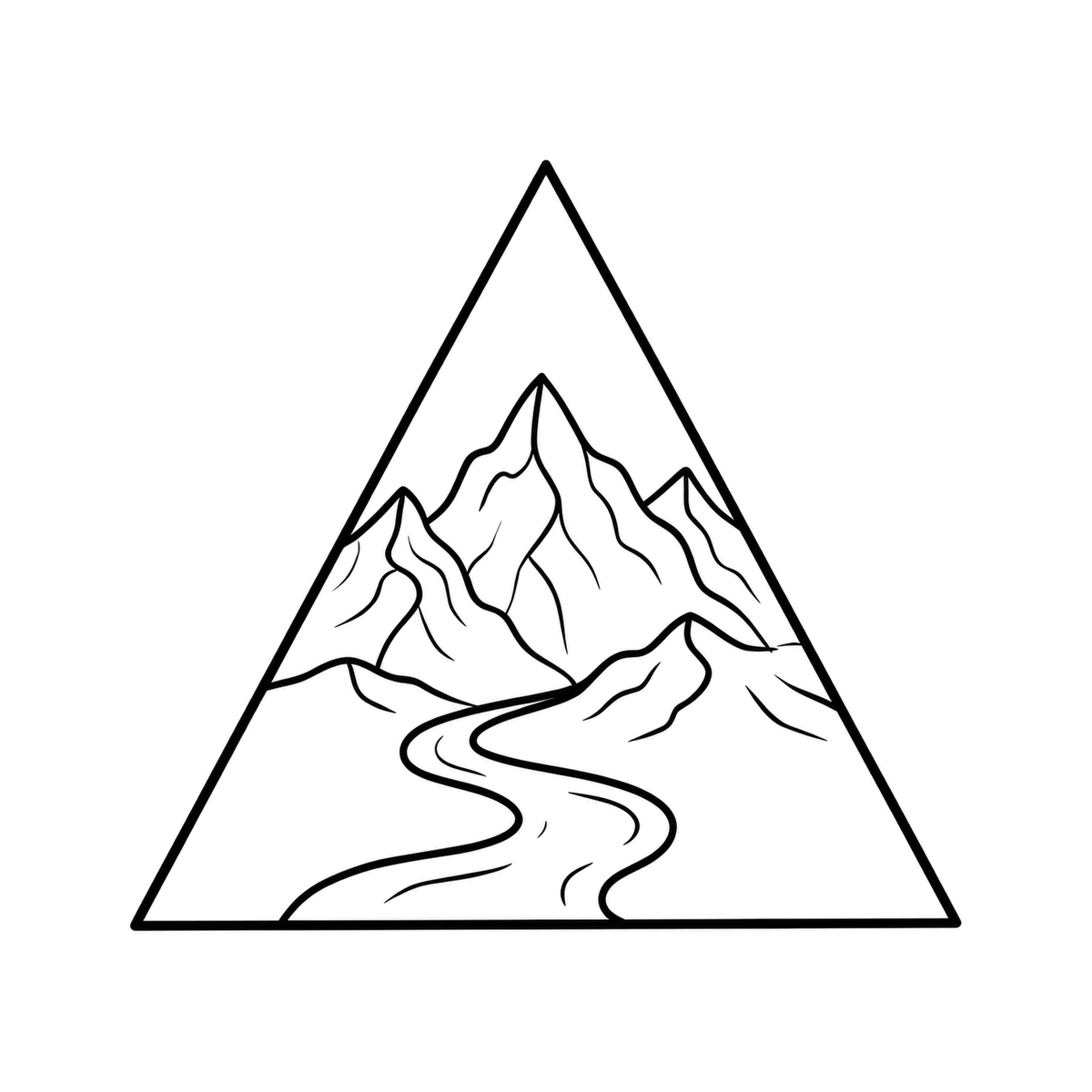 A winding river leads toward layered mountains inside an upright triangle, creating clear foreground-to-peak depth.
