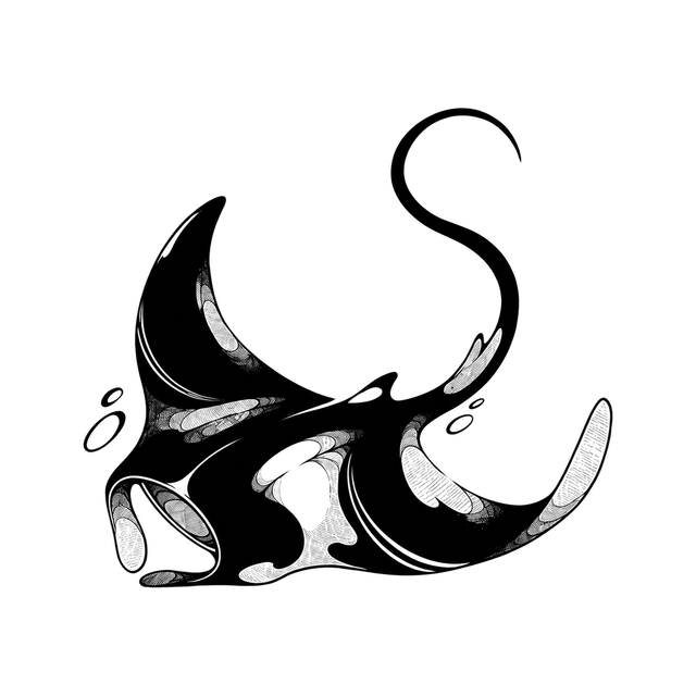 A manta ray sweeps horizontally with broad triangular wings, two front lobes, patterned surfaces, and an upward-curving tail.