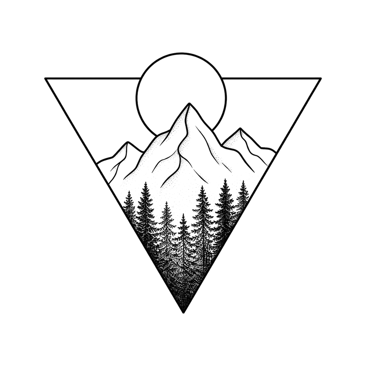 A large round sun sits above layered mountains and dense evergreen trees inside a downward-pointing triangle.