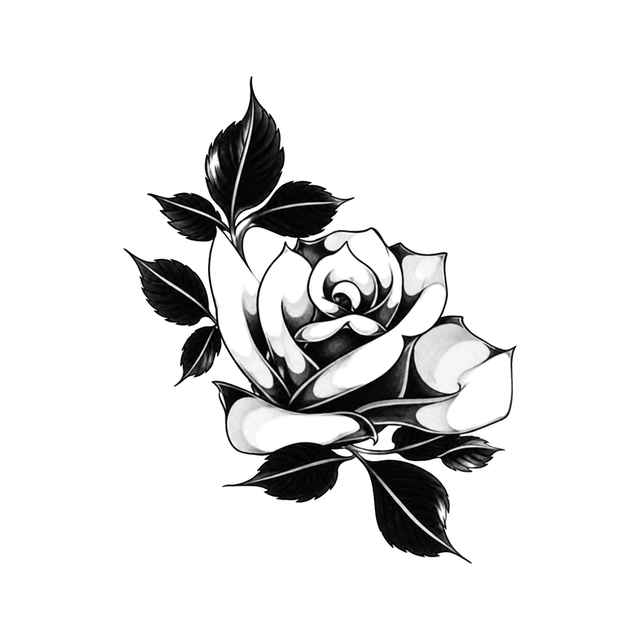 A shaded rose bloom shows layered curling petals, several dark leaves, and a short diagonal stem.