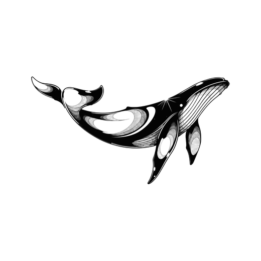 A humpback whale swims horizontally with long pectoral flippers, throat pleats, tail flukes, and glossy star-like markings.